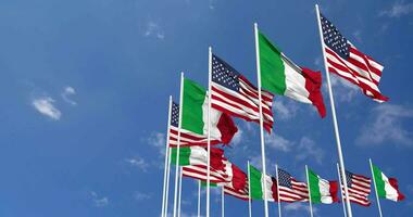 United States and Italy Flags Waving Together in the Sky, Seamless Loop in Wind, Space on Left Side for Design or Information, 3D Rendering video