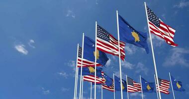 United States and Kosovo Flags Waving Together in the Sky, Seamless Loop in Wind, Space on Left Side for Design or Information, 3D Rendering video