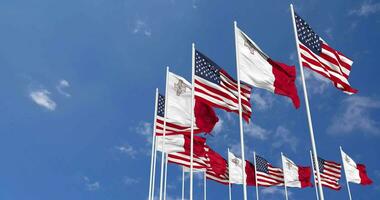 United States and Malta Flags Waving Together in the Sky, Seamless Loop in Wind, Space on Left Side for Design or Information, 3D Rendering video