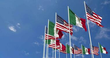 United States and Mexico Flags Waving Together in the Sky, Seamless Loop in Wind, Space on Left Side for Design or Information, 3D Rendering video