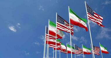 United States and Iran Flags Waving Together in the Sky, Seamless Loop in Wind, Space on Left Side for Design or Information, 3D Rendering video