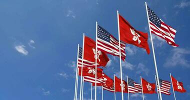 United States and Hong Kong Flags Waving Together in the Sky, Seamless Loop in Wind, Space on Left Side for Design or Information, 3D Rendering video