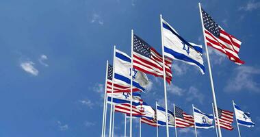 United States and Israel Flags Waving Together in the Sky, Seamless Loop in Wind, Space on Left Side for Design or Information, 3D Rendering video