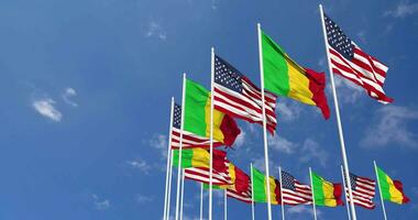 United States and Mali Flags Waving Together in the Sky, Seamless Loop in Wind, Space on Left Side for Design or Information, 3D Rendering video