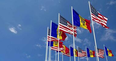 United States and Moldova Flags Waving Together in the Sky, Seamless Loop in Wind, Space on Left Side for Design or Information, 3D Rendering video