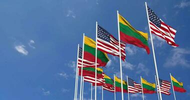 United States and Lithuania Flags Waving Together in the Sky, Seamless Loop in Wind, Space on Left Side for Design or Information, 3D Rendering video
