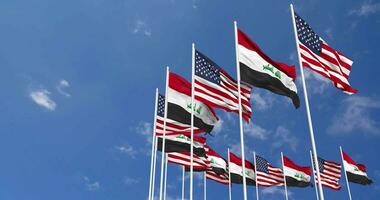 United States and Iraq Flags Waving Together in the Sky, Seamless Loop in Wind, Space on Left Side for Design or Information, 3D Rendering video