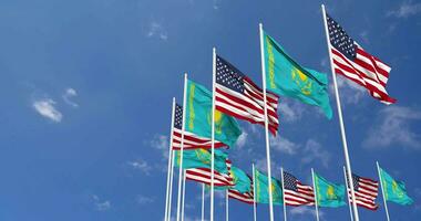 United States and Kazakhstan Flags Waving Together in the Sky, Seamless Loop in Wind, Space on Left Side for Design or Information, 3D Rendering video