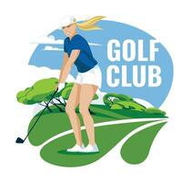 golf woman on a green lawn. Professional sports competitions and health hobbies. Vector flat illustration