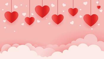 banner horizontal con cielo rosa y nubes cortadas en papel. lugar para el texto. plantilla de cupón o encabezado de venta de feliz día de san valentín con corazones. marco de borde de cloudscape rosa colores pastel. vector