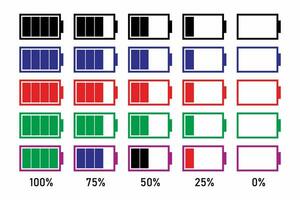 Battery power indicator icon set. Battery charging indicator logo collection isolated on white background. vector