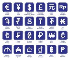 World currency symbols used in different countries, flat currency icon in blue square vector isolated on white background.