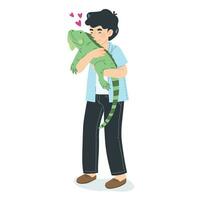 Man loving big exotic pet iguana, person happy and excite holding large green lizard, friendship and bone between man and reptile in Affectionate Interaction. Vector illustration on white background.