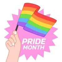 Hand hold rainbow lgbtq flag and celebrate pride month, week or day vector. LGBTQIA support concept illustration isolated on whit background. vector