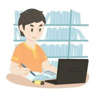 Focused young man studying online with laptop in library. Smart student take note while learning remotely. Preparing for class or exams. flat vector illustration isolated on white background.