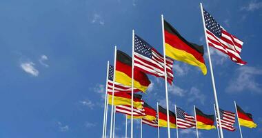 United States and Germany Flags Waving Together in the Sky, Seamless Loop in Wind, Space on Left Side for Design or Information, 3D Rendering video