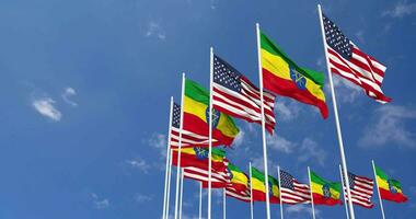 United States and Ethiopia Flags Waving Together in the Sky, Seamless Loop in Wind, Space on Left Side for Design or Information, 3D Rendering video