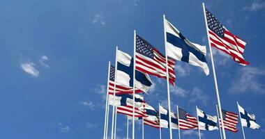 United States and Finland Flags Waving Together in the Sky, Seamless Loop in Wind, Space on Left Side for Design or Information, 3D Rendering video
