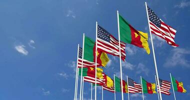 United States and Cameroon Flags Waving Together in the Sky, Seamless Loop in Wind, Space on Left Side for Design or Information, 3D Rendering video