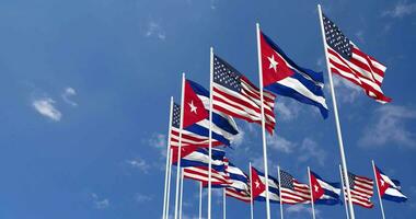 United States and Cuba Flags Waving Together in the Sky, Seamless Loop in Wind, Space on Left Side for Design or Information, 3D Rendering video