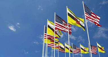 United States and Brunei Flags Waving Together in the Sky, Seamless Loop in Wind, Space on Left Side for Design or Information, 3D Rendering video