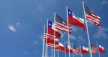 United States and Chile Flags Waving Together in the Sky, Seamless Loop in Wind, Space on Left Side for Design or Information, 3D Rendering video