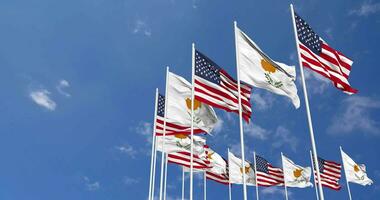 United States and Cyprus Flags Waving Together in the Sky, Seamless Loop in Wind, Space on Left Side for Design or Information, 3D Rendering video