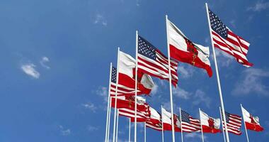 United States and Gibraltar Flags Waving Together in the Sky, Seamless Loop in Wind, Space on Left Side for Design or Information, 3D Rendering video