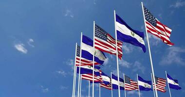 United States and El Salvador Flags Waving Together in the Sky, Seamless Loop in Wind, Space on Left Side for Design or Information, 3D Rendering video