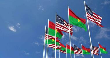 United States and Burkina Faso Flags Waving Together in the Sky, Seamless Loop in Wind, Space on Left Side for Design or Information, 3D Rendering video