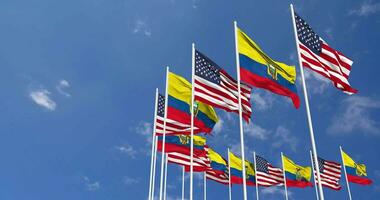 United States and Ecuador Flags Waving Together in the Sky, Seamless Loop in Wind, Space on Left Side for Design or Information, 3D Rendering video