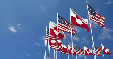 United States and Greenland Flags Waving Together in the Sky, Seamless Loop in Wind, Space on Left Side for Design or Information, 3D Rendering video