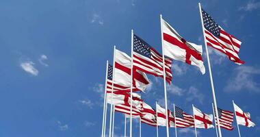 United States and England Flags Waving Together in the Sky, Seamless Loop in Wind, Space on Left Side for Design or Information, 3D Rendering video