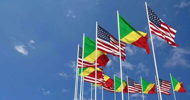 United States and Congo Flags Waving Together in the Sky, Seamless Loop in Wind, Space on Left Side for Design or Information, 3D Rendering video