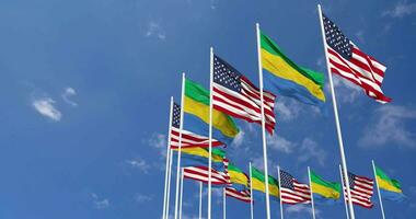 United States and Gabon Flags Waving Together in the Sky, Seamless Loop in Wind, Space on Left Side for Design or Information, 3D Rendering video