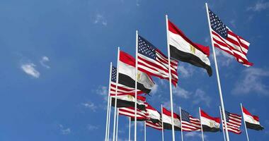 United States and Egypt Flags Waving Together in the Sky, Seamless Loop in Wind, Space on Left Side for Design or Information, 3D Rendering video