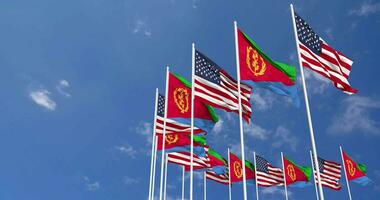 United States and Eritrea Flags Waving Together in the Sky, Seamless Loop in Wind, Space on Left Side for Design or Information, 3D Rendering video