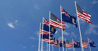 United States and Cayman Islands Flags Waving Together in the Sky, Seamless Loop in Wind, Space on Left Side for Design or Information, 3D Rendering video