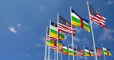 United States and Central African Republic Flags Waving Together in the Sky, Seamless Loop in Wind, Space on Left Side for Design or Information, 3D Rendering video