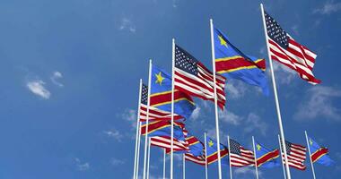 United States and DR Congo Flags Waving Together in the Sky, Seamless Loop in Wind, Space on Left Side for Design or Information, 3D Rendering video