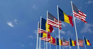 United States and Chad Flags Waving Together in the Sky, Seamless Loop in Wind, Space on Left Side for Design or Information, 3D Rendering video