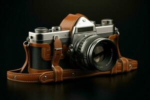 AI generated A vintage film camera with a leather strap photo