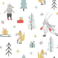 Christmas seamless pattern with hand drawn style animals and decorative elements. Cute winter characters vector