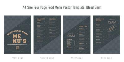 Restaurant cafe menu, template design, A4 size four page food menu template, Bleed 3mm vector