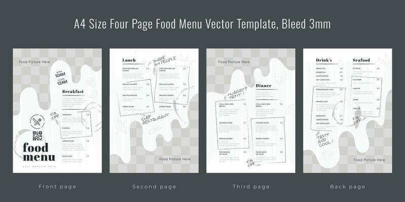 Restaurant cafe menu, template design, A4 size four page food menu template, Bleed 3mm