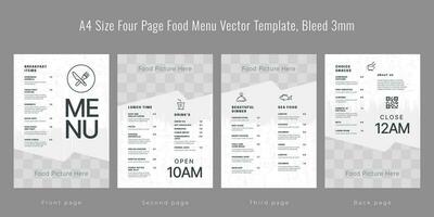 Restaurant cafe menu, template design, A4 size four page food menu template, Bleed 3mm vector