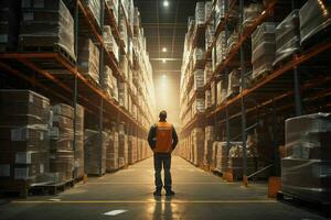 AI generated A warehouse worker managing inventory in a vast photo