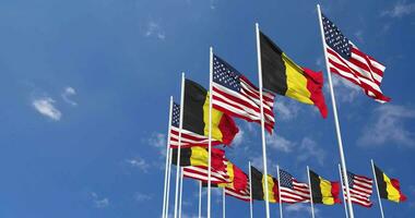 United States and Belgium Flags Waving Together in the Sky, Seamless Loop in Wind, Space on Left Side for Design or Information, 3D Rendering video