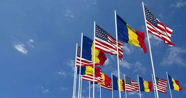 United States and Romania Flags Waving Together in the Sky, Seamless Loop in Wind, Space on Left Side for Design or Information, 3D Rendering video