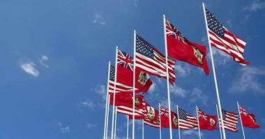 United States and Bermuda Flags Waving Together in the Sky, Seamless Loop in Wind, Space on Left Side for Design or Information, 3D Rendering video